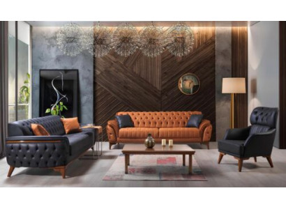 Schwaarz-Orange Chesterfield Sofagarnitur Wunnzëmmer Couchen Fauteuil 4-Deel.