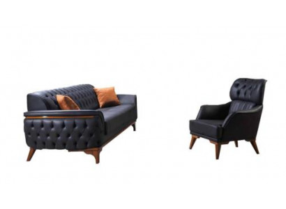 Schwaarzt Chesterfield Designer Garnitur Luxus Ledersofa Designer Fauteuil