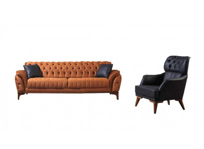 Orange-schwaarz Chesterfield Garnitur Luxuriéisegen Dräisëtzer Sëtz 2tlg