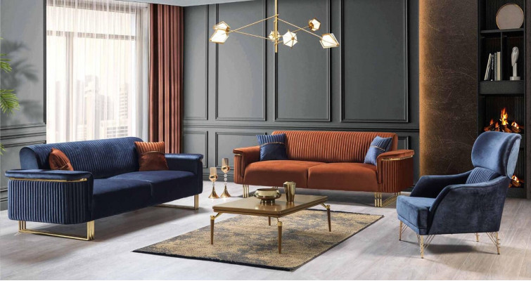 Bloen Wunnzëmmer 3-Sëtzer Luxus Stoffdivan Elegante Polstermiwwelen