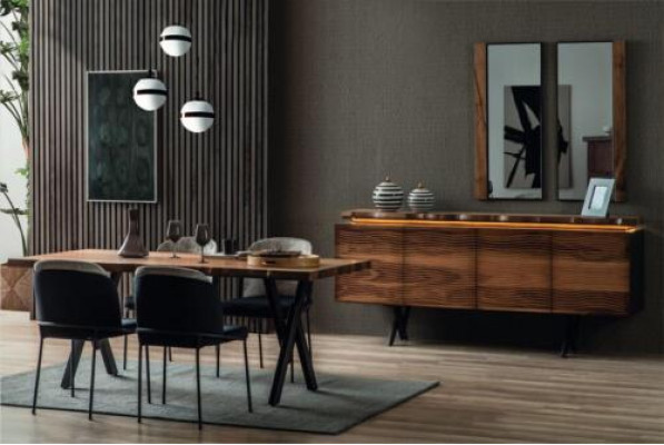 Komplett Braun-Schwaarz Iessgrupp Designer Holz Iessdësch Polsterstillen