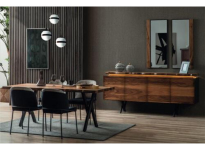 Komplett Braun-Schwaarz Iessgrupp Designer Holz Iessdësch Polsterstillen