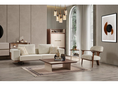 Modern wäiss Sofagarnitur 3 1 Sëtzer Textil Holz Still Komplett Set nei