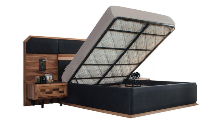 Braun-Schwaarz Holz Schlofzëmmer Set Duebelbett 2x Nuetsdëscher 3 Deeler