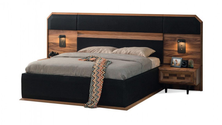 Braun-Schwaarz Holz Schlofzëmmer Set Duebelbett 2x Nuetsdëscher 3 Deeler