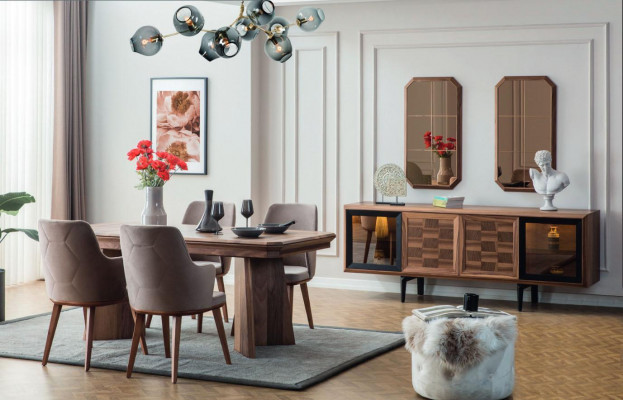 Komplett Iessgrupp Designer Iessgewand Holz Iessdësch 6x gepolstert Still