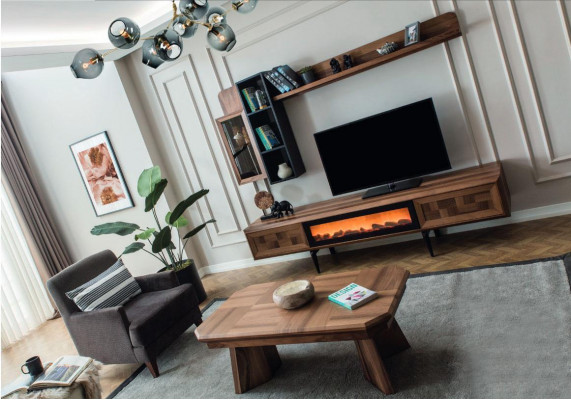Brong Wunnzëmmer Wandgarnitur Designer TV-Stänner RTV Holz Regaler LED