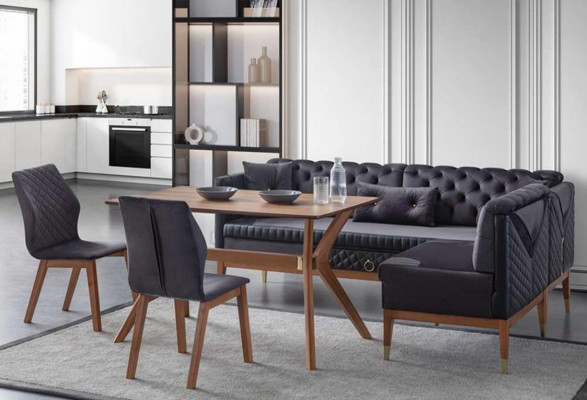 Schwaarz-Brong Iesszëmmer Set Chesterfield Eckeckbank Designer Iessdësch