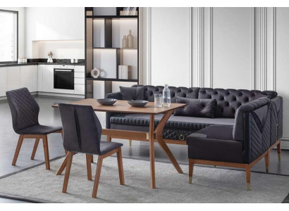 Schwaarz-Brong Iesszëmmer Set Chesterfield Eckeckbank Designer Iessdësch