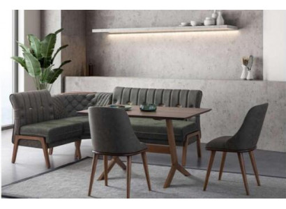 Gréisst Iesszëmmer-Set Holz Iessdësch 2x Textilstull Eckbänk 4-deelige Set