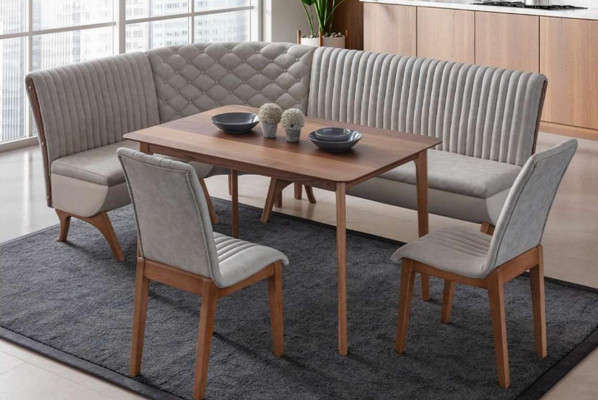 Designer hellgro Garnitur fir d’Iesszëmmer Polster Eckbank 2x Stull Iessdësch
