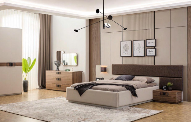 Designer-Schlofzëmmer-Set Modern Grousst Bett Holz Kommode Nuechtkonsol.