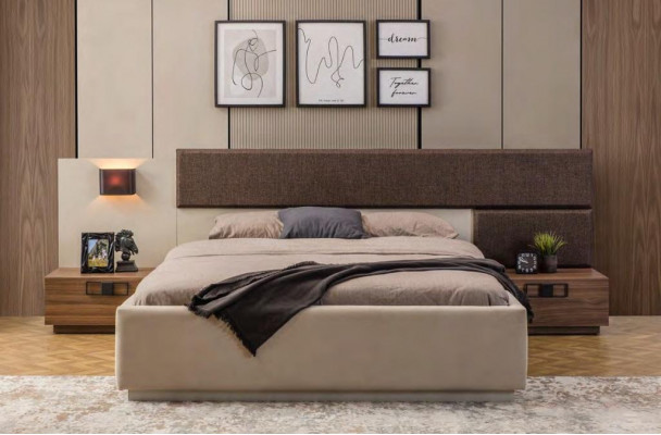 Designer-Schlofzëmmer-Set Modern Grousst Bett Holz Kommode Nuechtkonsol.