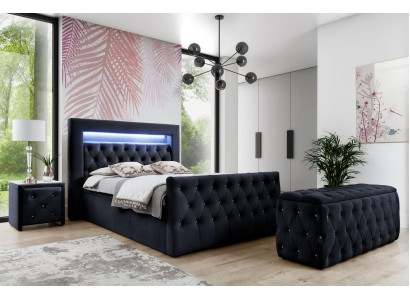 Schwaarz Chesterfield LED-Textilbett 2x Holz Nuetsdëscher Hocker 4 Deeler