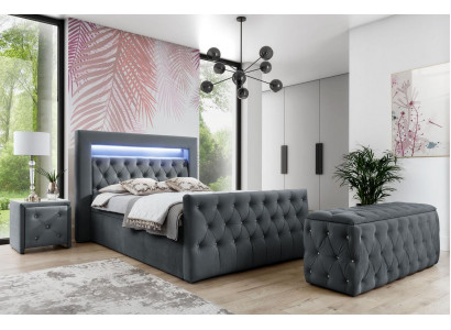 Chesterfield Gro Schlofzëmmer Set LED-polstert Dëpp Holz Nuetsdëscher