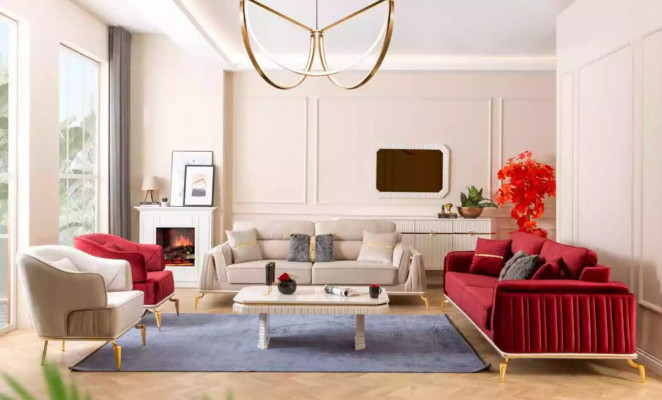 Wunnzëmmer Sofagarnitur Set 3+3+1 Sitzung Sofa Canapé Garnitur Miwwelen