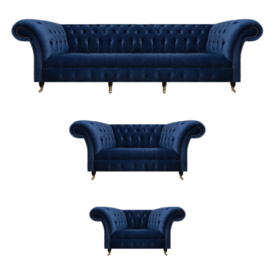 Wunnzëmmer Set 3tlg Chesterfield Blo Textil Luxus Sofas Design Ariichtung