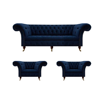 Wunnzëmmer Set 3tlg Chesterfield Blo Luxus Dräisëtzer Sofa 2x Sëtz nei