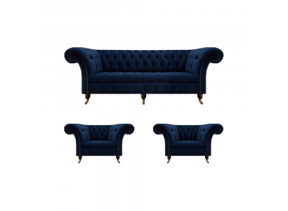 Wunnzëmmer Set 3tlg Chesterfield Blo Luxus Dräisëtzer Sofa 2x Sëtz nei