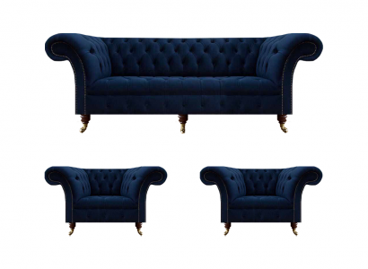 Wunnzëmmer Set 3tlg Chesterfield Blo Luxus Dräisëtzer Sofa 2x Sëtz nei