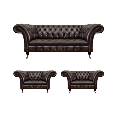 Luxus brong Lieder-Sofa-Set Wunnzëmmer 2x Fautel Dräisëtzer Couch Chesterfield