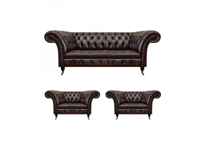 Luxus brong Lieder-Sofa-Set Wunnzëmmer 2x Fautel Dräisëtzer Couch Chesterfield