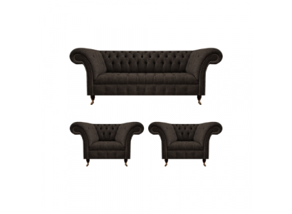 Chesterfield Polstermöbelsset fir d’Wunnzëmmer, 3 Stéck, Luxus Designer Komplett Set