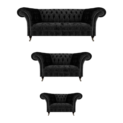 Luxus Schwaarz Komplett Chesterfield Canapé-Set Wunnzëmmer Fauteuil Nei
