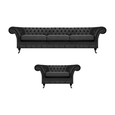 Wunnzëmmer Polstermiwwelen Schwaarz Dräisitzer Sofa 3+1 Fotell Chesterfield