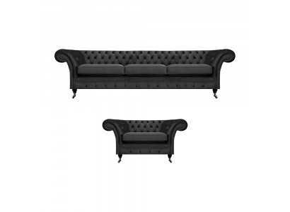 Wunnzëmmer Polstermiwwelen Schwaarz Dräisitzer Sofa 3+1 Fotell Chesterfield
