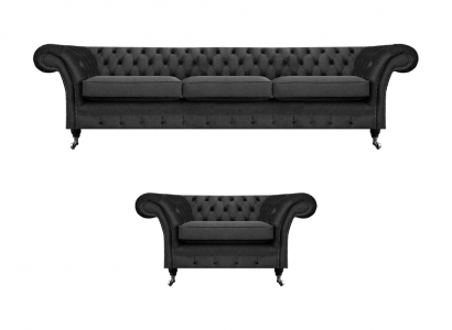 Wunnzëmmer Polstermiwwelen Schwaarz Dräisitzer Sofa 3+1 Fotell Chesterfield