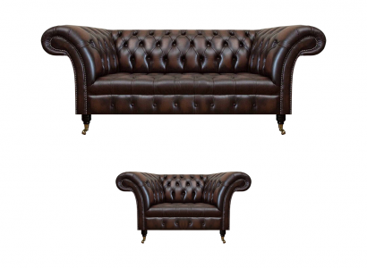 Wunnzëmmer Set 2tlg Drësëtzer Sofa Couch Chesterfield Fautëuil Neit Polstermöbel