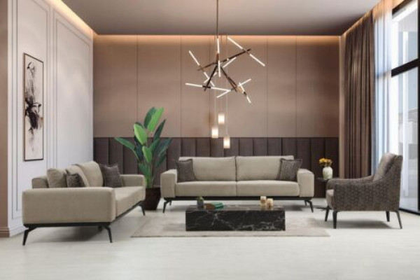 Beige Stoffdivanen Komplett Garnitur Dräisëtzer Polstersofa Fauteuilen