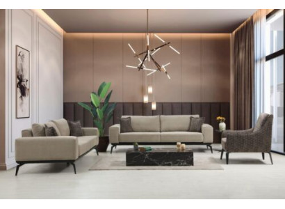 Beige Stoffdivanen Komplett Garnitur Dräisëtzer Polstersofa Fauteuilen