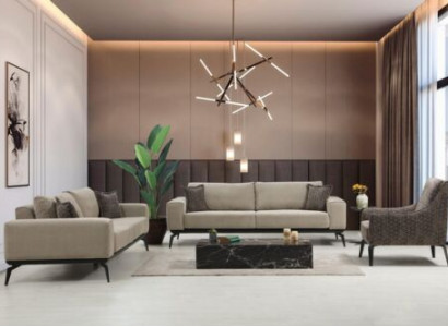 Beige Stoffdivanen Komplett Garnitur Dräisëtzer Polstersofa Fauteuilen