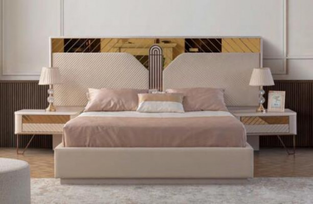 Stilvolle Schlofkummer Set Duebelbett Holz Nuetsdëscher Designer Miwwelen