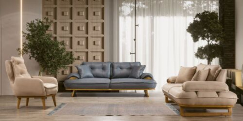 Stilvoll gro-beige Wunnzëmmer Sofa-Garnitur Designer 3+3+1 Sëtzer 3 Deeler
