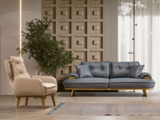 Stilvoll Grau-Beige Canapé Ensemble Designer 3-Sëtz Luxuriéise 1-Sëtz