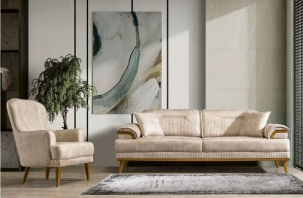 Beige Wunnzëmmer Sëtzgruppe Designer Sofagarnitur Polster 3+1 Sitzer