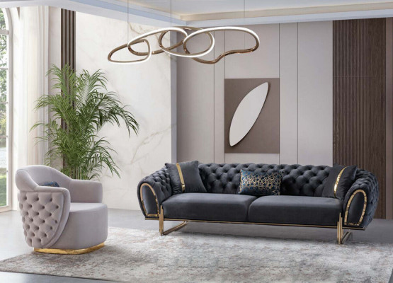 Grau-Wäiss Chesterfield Canapé-Set Modern 2x 3-Sëtzer Gepolstert Sëtz.