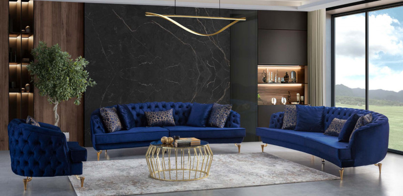 Modern blo Zouwankompositioun Luxuriéis Véiersëtzer Textilsofaen Véiersëtzer