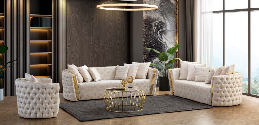 Komplett Beige Chesterfield Sëtzgrupp 3-Sëtzer Polster 2-Sëtzer 2tlg