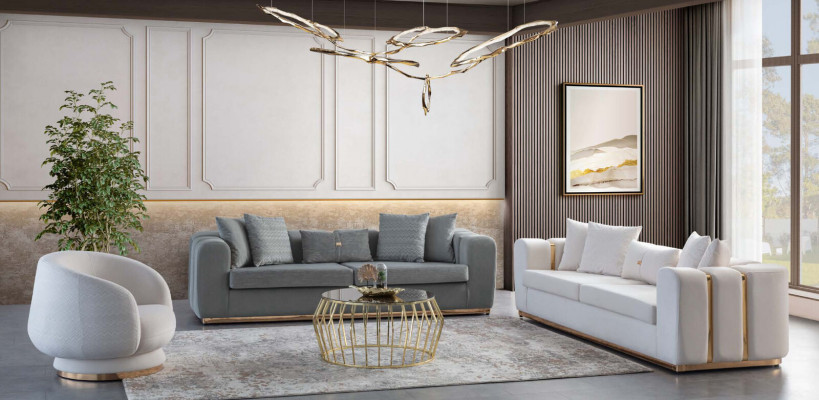 Wäisse Wunnzëmmer Sofa Set Polstermöbel 4-Sëtzer Stoff Relaxsessel 2tlg