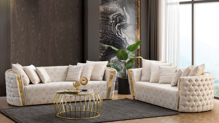 Chesterfield Beige Wunnzëmmer Canapéen Edelstol 3-Sëtzer Luxus 1-Sëtzer