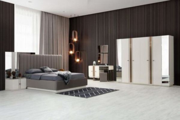 Modern Schlofzëmmer Set Bett 2x Nopeschdëscher Kleederschaf Schmincktisch