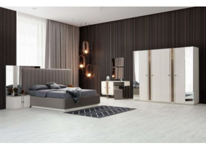 Modern Schlofzëmmer Set Bett 2x Nopeschdëscher Kleederschaf Schmincktisch