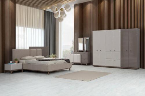 Beige exklusiv Schlofkummer Garnitur, Duebelbett, Nuetskonsolen, Schaf.