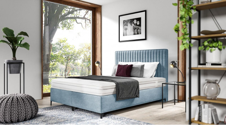 Blo Bett Designer Duebelbett Polsterméiwel Schlofzëmmer Boxspringbett