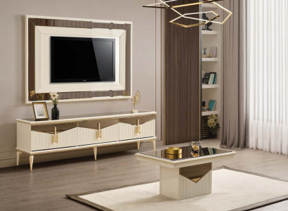 Wunnwand TV Ständer Wandpanel Couchtisch RTV Lowboard Gold 3tlg Beige