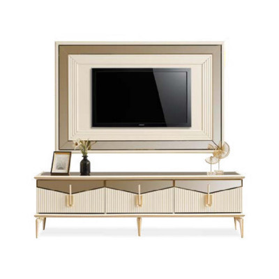 Wunnwand TV Ständer Wandpanel Couchtisch RTV Lowboard Gold 3tlg Beige